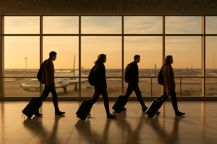 Suasana terminal bandara di Italia dengan penumpang membawa koper menuju pesawat