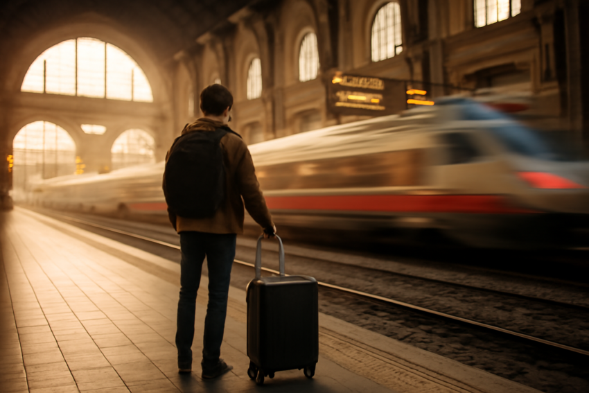 Wisatawan dengan koper berdiri di peron stasiun kereta Italia yang ramai