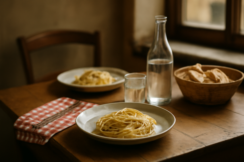 Meja restoran Italia dengan piring pasta, roti, dan botol air mineral siap disantap