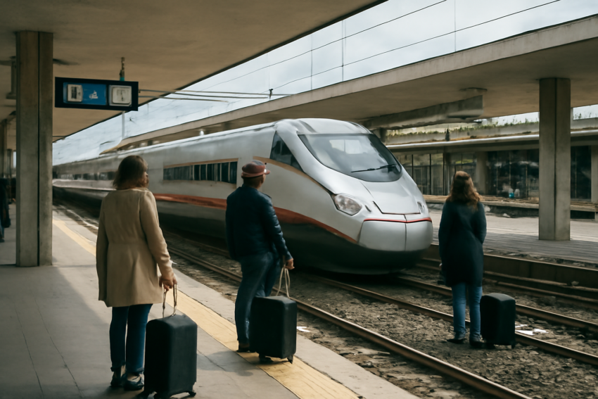 Peron stasiun kereta di Italia dengan kereta cepat yang akan berangkat dan penumpang membawa koper