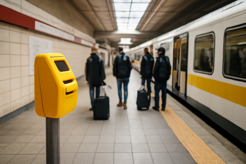 Mesin validasi tiket di peron stasiun metro Italia dengan penumpang menunggu kereta