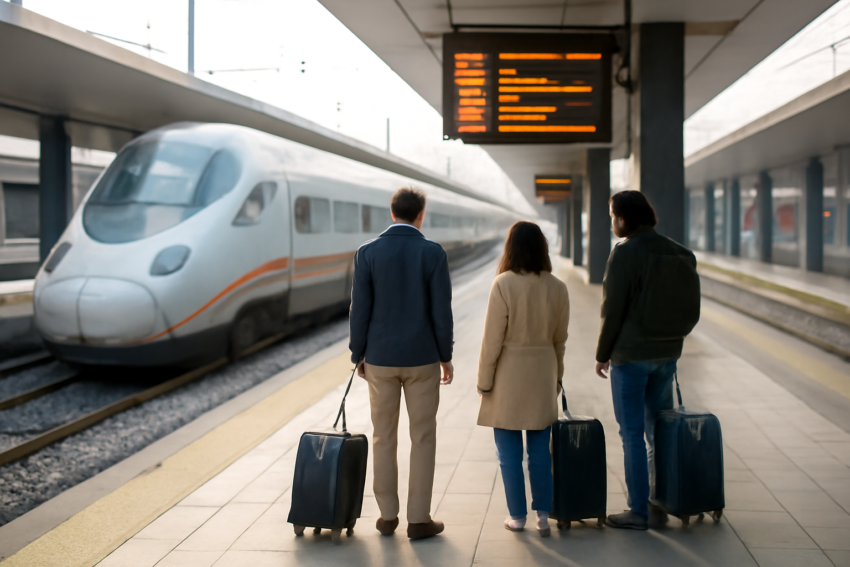Peron stasiun kereta di Italia dengan penumpang menunggu kereta cepat